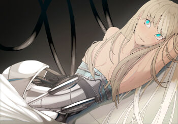 1girl absurdres android blonde_hair blue_eyes breasts cable collarbone commentary_request convenient_hair disassembly ecomoesty ei_chan_(endless_overhaul) endless_overhaul exposed_internal_machinery highres long_hair looking_to_the_side lying mechabare medium_breasts multicolored_eyes nude on_side parted_lips solo