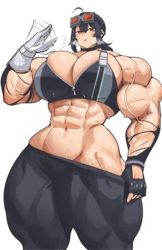 Rule 34 | 1girl, blush, breasts, cleavage, curvy, fanning face, female focus, fingerless gloves, gloves, goggles, grace howard, highres, huge breasts, looking at viewer, musctonk, muscular, muscular female, muscular legs, navel, no panties, orange eyes, short hair, skindentation, solo, sweat, thighs, veins, veiny arms, wide hips, zenless zone zero