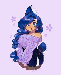 Rule 34 | 1girl, animal ears, black skirt, blue eyes, blue hair, blush, bra strap, breasts, brown pantyhose, choker, constellor, dangle earrings, earrings, highres, jewelry, large breasts, long hair, looking at viewer, off-shoulder sweater, off shoulder, open mouth, original, pantyhose, purple sweater, skirt, smile, solo, sweater, tail