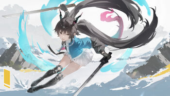 1girl absurdres arknights arknights:_endfield black_boots black_gloves black_hair black_horns blue_jacket boots brown_eyes chen_qianyu_(arknights) chinese_commentary cloud cloudy_sky commentary_request cropped_jacket dragon_girl dragon_horns dragon_tail dress full_body gloves highres holding holding_sword holding_weapon horns jacket knee_boots knee_pads legs long_hair long_sleeves looking_at_viewer mountain open_clothes open_jacket open_mouth short_sleeves sky sword tail thighs varlyn weapon white_dress