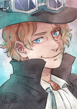 1boy anjeiie ascot black_coat blonde_hair blue_eyes coat commentary english_commentary goggles goggles_on_headwear hat high_collar highres looking_at_viewer male_focus one_piece sabo_(one_piece) scar scar_on_face short_hair signature smile solo wavy_hair white_ascot