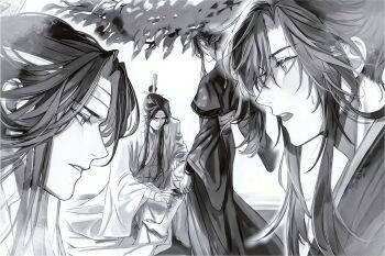2boys barefoot blood blood_on_leg chinese_clothes chinese_commentary commentary_request eyelashes greyscale hair_ribbon hand_on_another's_leg hanfu headband highres injury lan_wangji leaf long_hair long_sleeves looking_at_another looking_down male_focus mg_ms_dayo modao_zushi monochrome multiple_boys multiple_views official_art open_mouth pants pants_rolled_up parted_lips ponytail profile ribbon robe sash sidelocks sitting standing standing_on_one_leg sweatdrop third-party_source topknot tree wei_wuxian white_background wide_sleeves xiao_guan_(headdress) yaoi