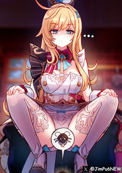 ... 1girl absurdres blonde_hair blue_eyes bow bow_panties breasts chef_hat commentary cowlick cuffs dress escoffier_(genshin_impact) genshin_impact hands_on_own_knees hat highres indoors jimpu6 large_breasts long_hair looking_down panties solo spoken_ellipsis squatting thighhighs underwear white_dress white_hat white_panties white_thighhighs