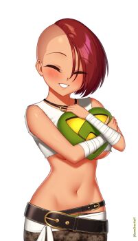 1girl artist_name asymmetrical_hair bandaged_arm bandaged_wrist bandages belt black_belt blush breasts closed_eyes commentary commission crop_top english_commentary eyelashes heart holding holding_heart jewelry kuroonehalf midriff navel necklace original phoenix_(wak4863) red_hair shirt short_hair sidecut simple_background sleeveless sleeveless_shirt smile solo underboob undercut white_background white_shirt