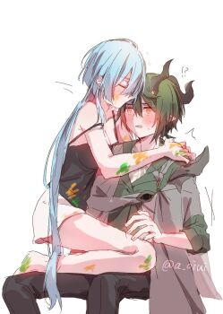1boy 1girl a_oiui black_camisole black_horns blush breasts camisole coat commentary_request green_hair green_shirt grey_coat griseo griseo_(cosmic_expression) highres honkai_(series) honkai_impact_3rd horns kosma large_breasts orange_eyes paint_on_body shirt short_hair shorts simple_background sitting sitting_on_lap sitting_on_person twitter_username white_background white_shorts