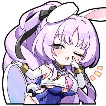 1girl ;d animal_ears black_ribbon blue_one-piece_swimsuit blue_sailor_collar blush breasts broken broken_chain chain cleavage commentary covered_navel cuffs elbow_gloves english_commentary gloves grey_eyes hair_intakes hair_ribbon large_breasts long_hair looking_at_viewer necktie official_art one-piece_swimsuit one_ear_down one_eye_closed open_mouth parted_bangs pink_necktie ponytail purple_hair rabbit_ears rabbit_girl rabbit_tail ribbon sailor_collar shackles shia_(stella_sora) shirt simple_background sleeveless sleeveless_shirt smile solo stella_sora surfboard swimsuit tail transparent_background underboob very_long_hair white_gloves white_shirt