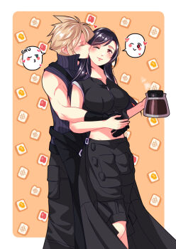 1boy 1girl ;> apron babigonice bare_arms bare_shoulders black_apron black_gloves black_hair black_shorts black_vest blonde_hair blue_eyes blush border bread bread_slice breasts closed_eyes closed_mouth cloud_strife coffee_pot commentary_request couple crop_top final_fantasy final_fantasy_vii final_fantasy_vii:_advent_children food gloves hair_behind_ear heart hetero high_collar highres holding hug hug_from_behind kiss kissing_cheek large_breasts long_hair looking_at_viewer midriff navel one_eye_closed outside_border red_eyes ribbed_shirt shirt short_hair shorts smile speech_bubble spiked_hair standing swept_bangs tank_top tifa_lockhart toast vest waist_apron white_border white_tank_top zipper