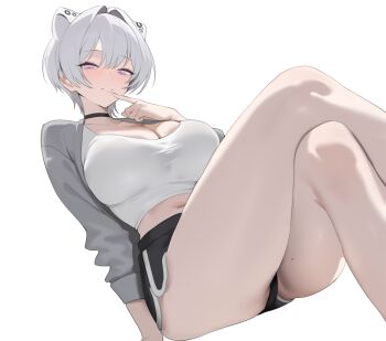 1girl 2025 absurdres animal_ears arm_support ass bare_legs black_choker black_shorts blush breasts cat_ears cat_girl choker cleavage collarbone commentary crossed_legs dolphin_shorts dutch_angle feet_out_of_frame female_focus finger_to_mouth foreshortening grey_jacket hair_intakes highres indie_virtual_youtuber invisible_chair jacket korean_commentary large_breasts looking_at_viewer midriff mole mole_on_thigh navel open_clothes open_jacket partially_visible_vulva perspective seductive_smile seori_(vtuber) seori_nyang shirt short_hair shorts simple_background sitting smile solo taut_clothes thighs virtual_youtuber white_background white_eyes white_hair white_shirt