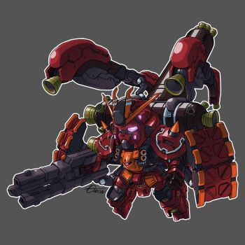 Rule 34 | atlas gundam, chibi, commentary, english commentary, fusion, grey background, gun, gundam, gundam thunderbolt, highres, holding, holding gun, holding weapon, mecha, mecha focus, no humans, pink eyes, robot, science fiction, shield, signature, solo, thrusters, toilobo, v-fin, weapon, zaku ii (reuse p device)