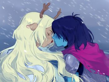 1girl 1other animal_ears antlers armor blonde_hair blue_hair blue_skin cape closed_eyes colored_skin commentary corrupted_twitter_file deer_antlers deer_ears deer_girl deltarune duongesean english_commentary forehead-to-forehead heads_together highres horns kris_(dark_world)_(deltarune) kris_(deltarune) long_hair medium_hair noelle_holiday noelle_holiday_(dark_world) other_with_female pink_cape shoulder_armor snowing utdr_(toby_fox)