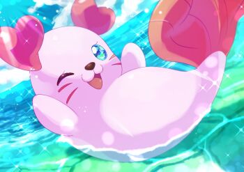 :3 blue_sky commentary_request day kururun_(precure) looking_at_viewer no_humans ocean omega_takai one_eye_closed open_mouth outdoors precure seal_(animal) sky solo sparkle tropical-rouge!_precure water