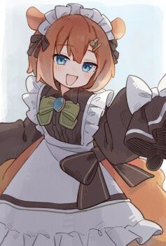 1boy :d apron artist_name black_bow black_shirt blue_eyes blush bow bowtie brooch collared_shirt commentary cowboy_shot crossdressing crossdressing_(mtf) dot_nose fins frilled_apron frills green_bow green_bowtie hair_between_eyes hair_bow hair_ornament hair_ribbon hairclip hand_up head_fins head_tilt highres jewelry komerina leaning_forward long_sleeves looking_at_viewer maid maid_apron maid_headdress male_focus male_maid mary_janes medium_hair mendaku_(komerina) octopus_boy open_mouth orange_hair orange_skirt original personification puffy_long_sleeves puffy_sleeves reaching reaching_towards_viewer ribbon shirt shoes sidelocks simple_background skirt sleeves_past_fingers sleeves_past_wrists smile solo standing trap umbrella_octopus unconventional_maid waist_apron white_apron white_background white_bow