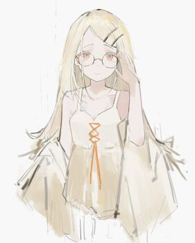 1girl absurdres adjusting_eyewear bare_shoulders blonde_hair camisole closed_mouth collarbone commentary_request gakuen_idolmaster glasses hair_ornament hairclip hand_on_eyewear hand_up highres idolmaster jacket long_hair looking_at_viewer off_shoulder orange_eyes parallel_hairclips shinosawa_hiro simple_background solo white_background white_camisole yoioisss