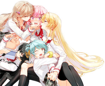 5girls @_@ amaori_renako arm_hug ashigaya_high_school_uniform black_hair black_pantyhose black_socks black_thighhighs blonde_hair blue_hair blush book bow bowtie brown_eyes brown_hair closed_mouth collared_shirt commentary_request girl_sandwich grey_skirt hair_bun hand_on_another's_face harem highres holding holding_book kneehighs koto_satsuki koyanagi_kaho lipstick_mark lipstick_mark_on_face long_hair looking_at_viewer medium_hair minakata_sunao mouth_hold multiple_girls one_eye_closed open_mouth ouzuka_mai pantyhose pink_hair plaid_clothes plaid_skirt pleated_skirt red_bow red_bowtie red_eyes ribbon ribbon_in_mouth sandwiched school_uniform scrunchie sena_ajisai shirt simple_background single_side_bun skirt smile socks sweat thighhighs watashi_ga_koibito_ni_nareru_wake_naijan_murimuri! white_background white_shirt wrist_scrunchie yellow_eyes yuri