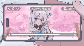 Rule 34 | 1girl, 1other, absurdres, ahoge, animal ear fluff, animal ear piercing, animal ears, blue eyes, blue neckerchief, blush, braid, cellphone, closed mouth, commentary request, dated, denshihuton, detached sleeves, dot nose, fake video, fox ears, highres, holding, holding phone, hololive, hood, hood down, hoodie, looking at viewer, medium hair, neckerchief, phone, shirakami fubuki, sidelocks, smartphone, smile, solo focus, upper body, virtual youtuber, waving, white hoodie, white sleeves