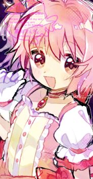 1girl :d blush bow bow_choker choker commentary doradorakingyo dress gloves hair_ribbon highres kaname_madoka kaname_madoka_(magical_girl) looking_at_viewer magical_girl mahou_shoujo_madoka_magica mahou_shoujo_madoka_magica_(anime) open_mouth pink_dress pink_hair pink_ribbon red_choker ribbon short_hair short_sleeves short_twintails smile solo twintails twitter_username upper_body watermark white_gloves