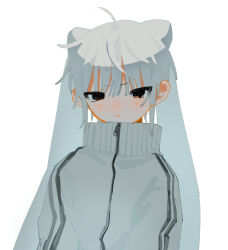 Rule 34 | 1other, :&lt;, ahoge, closed mouth, frown, grey hair, grey jacket, high collar, highres, jacket, looking at viewer, open clothes, open jacket, original, simple background, single tear, solo, track jacket, tsurime, upper body, uzuki uzu, white background, zipper
