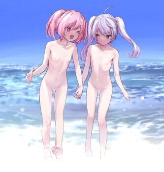 2girls ;d ahoge armpit_crease bar_censor barefoot blue_eyes blue_sky breasts censored collarbone commentary completely_nude day flat_chest full_body hair_between_eyes heart heart-shaped_pupils highres holding_hands loli long_hair looking_at_another miyako_(naotsugu) multiple_girls navel nipples nude nudist one_eye_closed open_mouth original outdoors pink_eyes pink_hair pussy short_hair sky small_breasts smile stomach symbol-shaped_pupils water white_hair zenra