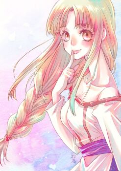 Rule 34 | 1girl, absurdres, arc the lad, arc the lad ii, bare shoulders, blonde hair, braid, breasts, brown eyes, cleavage, closed mouth, collarbone, commentary request, dress, finger to mouth, highres, lieza (arc the lad), lips, long hair, looking at viewer, low-tied long hair, satoru kamiya, single braid, smile, solo, very long hair