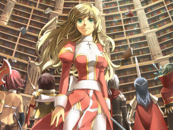 3boys 3girls armor assassin_cross_(ragnarok_online) axe blonde_hair book bow cross earrings green_eyes high_priest_(ragnarok_online) high_wizard_(ragnarok_online) jewelry kuttuki library lord_knight_(ragnarok_online) margaretha_sorin multiple_boys multiple_girls natsuya_(kuttuki) ragnarok_online smile sniper sniper_(ragnarok_online) sword thighhighs weapon whitesmith_(ragnarok_online)