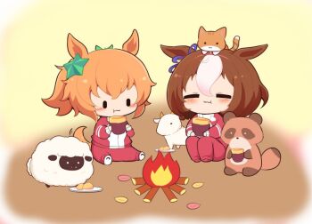 2girls :t animal animal_ears animal_on_head blush_stickers brown_hair campfire cat chibi closed_eyes closed_mouth commentary_request commission fire food goat gomashio_(goma_feet) green_ribbon hair_ornament hair_ribbon hairband holding holding_food horse_ears horse_girl horse_tail jacket knees_up meisho_doto_(umamusume) meto_(cat) multicolored_hair multiple_girls on_head pants pink_hairband pixiv_commission ponytail raccoon_ears red_jacket red_pants red_shoes ribbon roasted_sweet_potato sheep shoe_soles shoes sitting star_(symbol) star_hair_ornament sweet_potato taiki_shuttle_(umamusume) tail track_jacket track_pants track_suit two-tone_hair umamusume wavy_mouth white_hair |_|