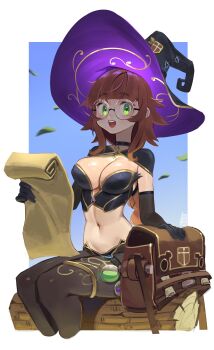 1girl :d absurdres bag borrowed_character braid breasts brown_hair choker commentary elbow_gloves english_commentary fantasy glasses gloves green_eyes hat highres large_breasts long_hair looking_at_viewer navel open_mouth original potion revealing_clothes round_eyewear scroll sitting smile solo teeth tostantan upper_teeth_only witch witch_hat