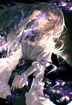 Rule 34 | 1girl, absurdres, arknights, backlighting, ball, black background, black hairband, black pantyhose, black skirt, book, brown hair, chinese commentary, closed mouth, coat, commentary request, cowboy shot, diamond (shape), glowing, hairband, hand up, highres, holding, holding ball, holding book, long hair, long sleeves, looking at viewer, one eye covered, pantyhose, priestess (arknights), purple eyes, skirt, solo, standing, white coat, xiang chi tongxinfen