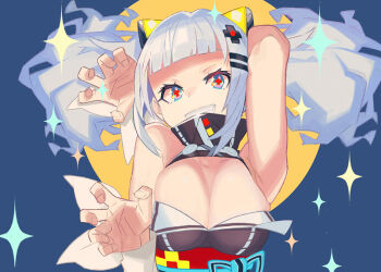 1girl arm_behind_head armpits black_dress blue_background blue_bow blue_eyes blunt_bangs bow breasts claw_pose cleavage cleavage_cutout clothing_cutout cross-shaped_pupils d-pad d-pad_hair_ornament dress eyelashes floating_hair grey_hair grin hair_ornament high_collar kaguya_luna large_breasts long_hair looking_at_viewer obi obijime palms red_pupils red_sash sash sidelocks sleeveless sleeveless_dress smile solo sparkle sparkling_eyes symbol-shaped_pupils the_moon_studio twintails two-tone_background underbust upper_body virtual_youtuber white_bow wrist_bow yellow_background yuuki_(irodo_rhythm)