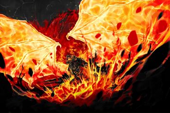 1boy alivewake arrow_(projectile) bayle_the_dread black_scales bow_(weapon) breath_weapon breathing_fire curled_horns debris dragon dragon_horns dragon_wings drake_warrior_igon elden_ring elden_ring:_shadow_of_the_erdtree energy_wings fire giant giant_monster hat highres horns lightning no_humans pyrokinesis red_eyes roaring sharp_teeth teeth weapon western_dragon wings