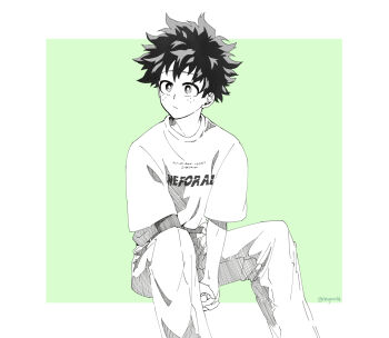Rule 34 | 1boy, :/, boku no hero academia, closed mouth, commentary request, crew neck, freckles, greyscale with colored background, highres, invisible chair, korean commentary, looking to the side, male focus, midoriya izuku, navyou38, own hands together, pants, print shirt, shirt, short hair, short sleeves, sitting, solo, t-shirt