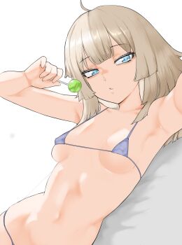aa-12_(girls'_frontline) absurdres ahoge armpits bikini blonde_hair blue_eyes breasts breasts_apart candy collarbone commentary covered_erect_nipples dutch_angle english_commentary food gd146 girls'_frontline girls'_frontline_2:_exilium highres holding holding_candy holding_food holding_lollipop lind_(girls'_frontline_2) lollipop looking_at_viewer lying medium_breasts medium_hair micro_bikini narrowed_eyes navel on_bed on_side paid_reward_available parted_lips purple_bikini selfie simple_background skindentation stomach swimsuit white_background