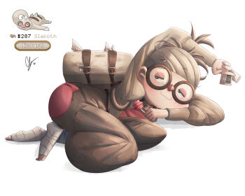 absurdres arm_up backpack bag blush brown-framed_eyewear brown_hair brown_pants candy endifi food foot_wraps gen_3_pokemon glasses half-closed_eyes highres lollipop looking_at_viewer nintendo pajamas pants personification pokemon pokemon_(creature) reference_inset slakoth ticket white_background