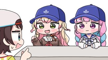 3girls :d anchor_symbol backwards_hat baseball_cap blonde_hair blue_bow blue_eyes blue_hair blue_hat blue_sailor_collar blush_stickers bow braid brown_shirt chibi closed_mouth commentary_request fang green_eyes grey_hat hand_up hat hololive long_hair long_sleeves low_twintails minato_aqua minato_aqua_(sailor) mochimiko momosuzu_nene momosuzu_nene_(casual) multicolored_hair multiple_girls oozora_subaru oozora_subaru_(1st_costume) open_mouth pink_hair pointing puffy_long_sleeves puffy_sleeves purple_eyes sailor_collar school_uniform serafuku shirt simple_background sleeves_past_wrists small_sweatdrop smile striped_clothes striped_shirt sweat twin_braids twintails two-tone_hair upper_body vertical-striped_clothes vertical-striped_shirt very_long_hair virtual_youtuber wavy_mouth white_background white_sailor_collar white_shirt