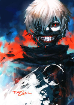 Rule 34 | 1boy, black jacket, black mask, black sclera, blue background, colored sclera, commentary, copyright name, debris, english commentary, evil grin, evil smile, eyepatch, grin, hair between eyes, highres, jacket, kaneki ken, long sleeves, looking at viewer, male focus, mask, mouth mask, paint splatter, pale skin, patipat asavasena, red background, red eyes, short hair, smile, solo, tokyo ghoul, turtleneck, turtleneck jacket, two-tone background, upper body, white hair, wide-eyed, zipper