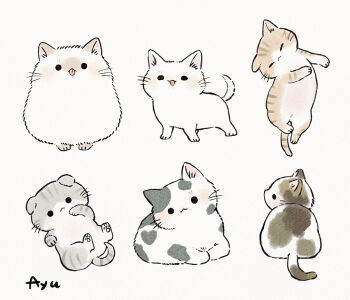 :3 animal animal_focus ayu_(mog) baby_animal blush calico_(pattern) calico_cat cat chibi chibi_only colorpoint_(pattern) commentary commentary_request english_commentary head_tilt himalayan_cat kitten looking_at_viewer mixed-language_commentary no_humans original romaji_commentary scottish_fold signature simple_background smile tabby_cat white_background