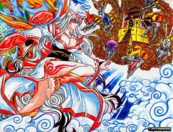1girl amaterasu_(ookami) animal_ears armor battle bodypaint breasts divine_markings dragon eastern_dragon faux_traditional_media helmet humanization hydra jadenkaiba japanese_armor large_breasts markings multiple_heads ookami_(game) open_mouth personification red_sun sharp_teeth tail teeth wolf wolf_ears wolf_girl wolf_tail yamata_no_orochi_(ookami)