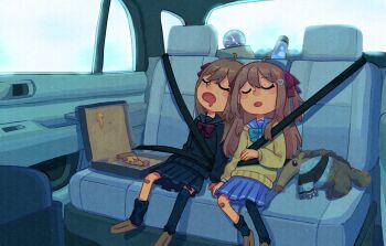 2girls ahoge aqua_bow aqua_bowtie asymmetrical_legwear bandaid bandaid_on_knee bandaid_on_leg black_cardigan black_sailor_collar black_skirt black_socks black_thighhighs bloom blue_sailor_collar blue_skirt blush_stickers bow bowtie brown_hair brown_shoes car_interior car_seat cardigan child closed_eyes commentary drooling evil_neuro-sama fang food hair_ornament hair_ribbon heart heart_hair_ornament indie_virtual_youtuber lava_lamp leaning_on_person loafers long_hair long_sleeves luanma96 mouth_drool multiple_girls neuro-sama open_mouth pizza pizza_box pizza_slice plasma_globe pleated_skirt red_bow red_bowtie red_ribbon ribbon road_trip sailor_collar seatbelt shoes single_sock single_thighhigh skirt sleeping socks stuffed_animal stuffed_anteater stuffed_toy thighhighs two_side_up uneven_legwear virtual_youtuber yellow_cardigan