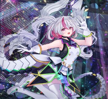 1girl black_choker boots choker claw_(weapon) concert dress duel_masters gloves gradient_clothes grey_hair highres horns idol_clothes jumping kouchi_no_chouten_radio_roses long_hair multicolored_dress multicolored_hair open_mouth pink_eyes pink_hair rainbow_dress sarasadou_dan screen_zoom sleeveless sleeveless_dress solo tail thigh_boots twintails weapon white_boots white_dress white_gloves white_horns