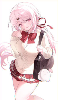 1girl absurdres bag black_bag blush bow bowtie breasts brown_cardigan cardigan closed_mouth collared_shirt ghost_ornament hair_ornament hair_ribbon hairclip highres large_breasts long_hair long_sleeves looking_at_viewer nijisanji pink_eyes pink_hair plaid_clothes plaid_skirt ponytail ran_(v17071107) red_bow red_bowtie red_ribbon red_skirt revision ribbon shiina_yuika shiina_yuika_(1st_costume) shirt shoulder_bag simple_background skirt sleeves_past_wrists smile socks solo thighs tongue tongue_out virtual_youtuber white_background white_shirt white_socks yellow_cardigan
