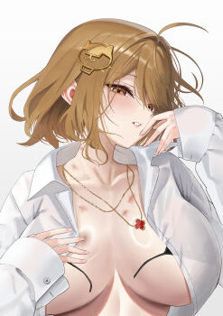 1girl absurdres ahoge anis_(nikke) black_bra bra breasts brown_eyes brown_hair collarbone collared_shirt comiket_107 commentary english_commentary flower flower_necklace goddess_of_victory:_nikke hair_ornament hickey highres jewelry large_breasts long_sleeves looking_at_viewer lying medium_hair necklace on_back rossy_(yowayowachimpo) shirt simple_background solo teeth underwear undone_bra upper_body white_background white_shirt