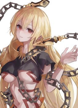 Rule 34 | 1girl, absurdres, armlet, black shirt, blonde hair, blush, body markings, bracelet, breasts, chain, commentary request, cropped shirt, enkidu (weapon) (fate), fate/grand order, fate (series), genderswap, genderswap (mtf), gilgamesh (fate), highres, jewelry, large breasts, long hair, looking at viewer, navel, necklace, red eyes, shirt, short sleeves, solo, underboob, zasyuu 11