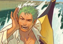 Rule 34 | 1boy, close-up, commentary, derivative work, earrings, green hair, highres, jewelry, long sleeves, looking ahead, male focus, nyatthecat, one piece, open clothes, open mouth, open shirt, roronoa zoro, screenshot redraw, shirt, short hair, sideburns, solo, spiked hair, sweatdrop, v-shaped eyebrows, water, white shirt