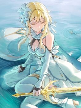 1girl black_gloves blonde_hair boots breasts cleavage closed_mouth collared_cape commentary_request coppepan detached_sleeves dress flower genshin_impact gloves hair_flower hair_intakes hair_ornament highres holding holding_sword holding_weapon lumine_(genshin_impact) partially_fingerless_gloves short_hair_with_long_locks solo sword thigh_boots traveler's_original_sword_(genshin_impact) water weapon white_boots white_dress white_sleeves yellow_eyes