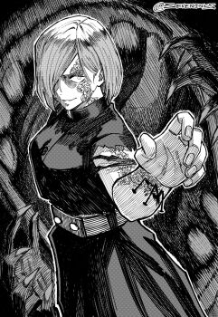 1girl belt black_shirt black_skirt breasts cowboy_shot facial_mark greyscale hair_over_one_eye highres jujutsu_kaisen jujutsu_tech_uniform kugisaki_nobara light_smile long_skirt looking_at_viewer medium_breasts monochrome nail_(hardware) outstretched_hand parted_lips seveninks shirt short_hair skirt solo torn_clothes torn_sleeves twitter_username wide-eyed