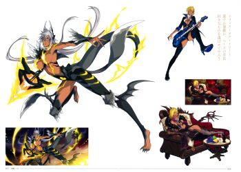 1girl absurdres alternate_costume alternate_form alternate_universe arrancar ass bleach bleach:_brave_souls blonde_hair breasts cleavage curvy dark-skinned_female dark_skin demon_girl electric_guitar energy_sword facial_mark full_body green_eyes guitar highres holding holding_guitar holding_instrument instrument jumping large_breasts long_hair looking_at_viewer multiple_views navel official_alternate_costume official_art parted_lips revealing_clothes scan short_hair simple_background standing sword tail tier_harribel translation_request weapon white_background white_hair wide_hips