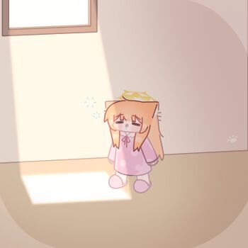 1girl absurdres animal_ear_fluff animal_ears blue_archive blunt_bangs blush chibi closed_eyes day drooling halo highres horuhara indoors mari_(blue_archive) neck_ribbon orange_hair pajamas pink_pajamas polka_dot polka_dot_pajamas ribbon saliva solo standing sunlight tongue tongue_out window yellow_halo