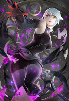 1girl absurdres anti-aqua_(kingdom_hearts) aqua_(kingdom_hearts) armpits bare_shoulders bike_shorts black_thighhighs breasts burning clothes_around_waist corruption cowboy_shot dark_persona detached_sleeves embers female_focus fingerless_gloves fire gloves glowing glowing_eyes hair_between_eyes highres holding holding_weapon keyblade kingdom_hearts kingdom_hearts_iii medium_breasts nikusenpai paper purple_fire short_hair silver_hair solo spoilers thighhighs weapon yellow_eyes zettai_ryouiki