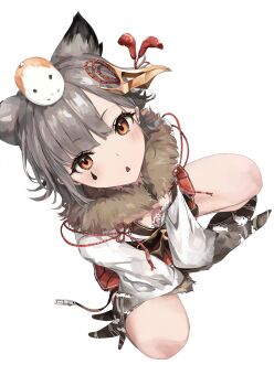 Rule 34 | 1girl, animal, animal ears, animal on head, azur lane, dutch angle, extra ears, facial mark, full body, fur-trimmed kimono, fur collar, fur trim, grey hair, hair ornament, hamster, hamster on head, highres, japanese clothes, kimono, looking at viewer, marking on cheek, on head, orange eyes, sherlock hime, solo, squatting, suzutsuki (azur lane), tattoo, teardrop, teardrop facial mark, teardrop tattoo, white background