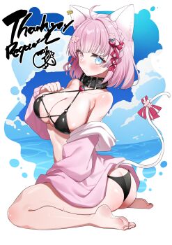 1girl absurdres ahoge aineko_hiyori animal_ears ass barefoot belt_collar bikini black_bikini black_collar blue_eyes blush bow braid breasts butt_crack closed_mouth collar commission flower food-themed_hair_ornament hair_flower hair_ornament hair_ribbon heterochromia highres indie_virtual_youtuber pink_bow pink_eyes pink_hair pink_ribbon ribbon skeb_commission solo strawberry_hair_ornament sui_hi_sf swimsuit tail tail_bow tail_ornament thank_you virtual_youtuber wet