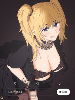 1girl :p ani_(xai) artist_name asymmetrical_legwear black_dress black_gloves blonde_hair bra breasts cleavage clothes_pull commentary dress dress_pull english_commentary english_text fishnet_thighhighs fishnets gloves grok_(xai) hair_between_eyes highres large_breasts lingerie looking_at_viewer ocetee purple_eyes short_sleeves solo thighhighs tongue tongue_out twintails twitter underwear user_interface xai_(company)